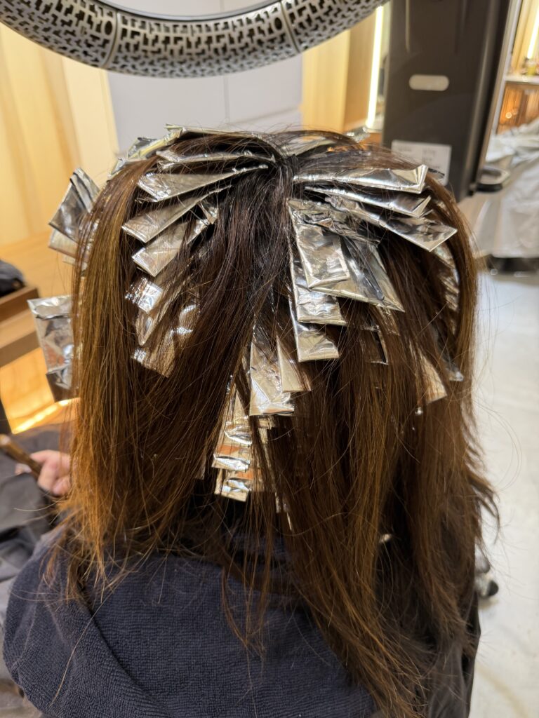 Japanese grey blending highlight process at Colors Japanese Hair Salon Singapore, ultra-fine high-density foils, controlled lift and timing for natural white hair blending, grey blending Singapore near Clarke Quay MRT Chinatown Havelock Road, Colorist Ura