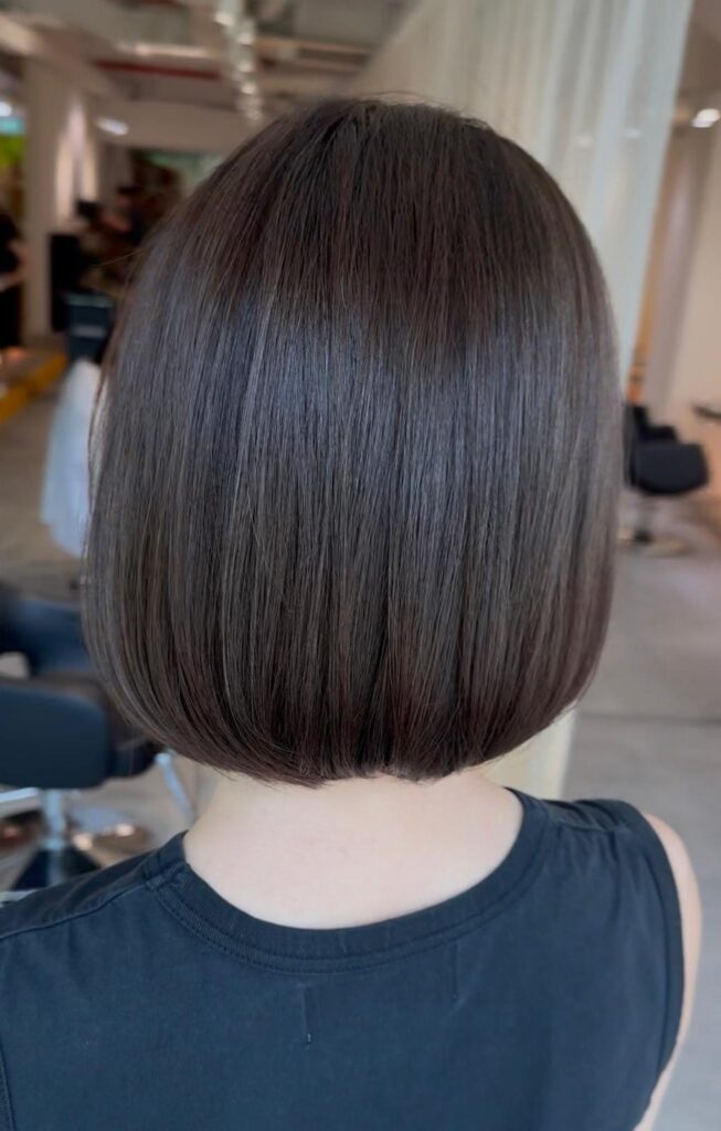 Dark ash brown hair color for grey coverage with bob haircut and keratin treatment at Colors Japanese Hair Salon Singapore near Clarke Quay and Chinatown