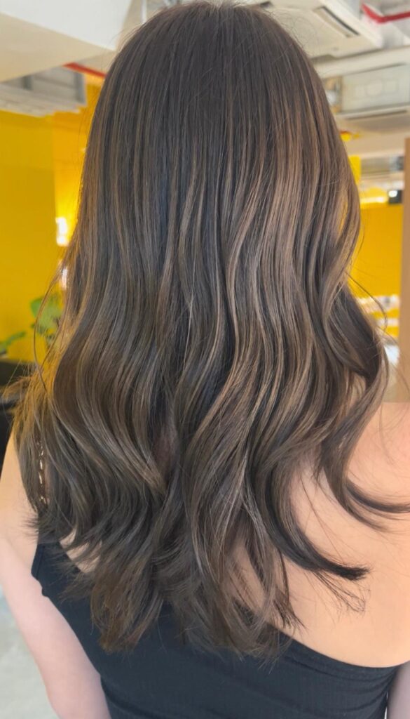 Ash beige hair color without bleach with long layered haircut and digital perm volume at Japanese Hair Salon Singapore Clarke Quay Chinatown by Colorist Ura and Stylist Satsuki