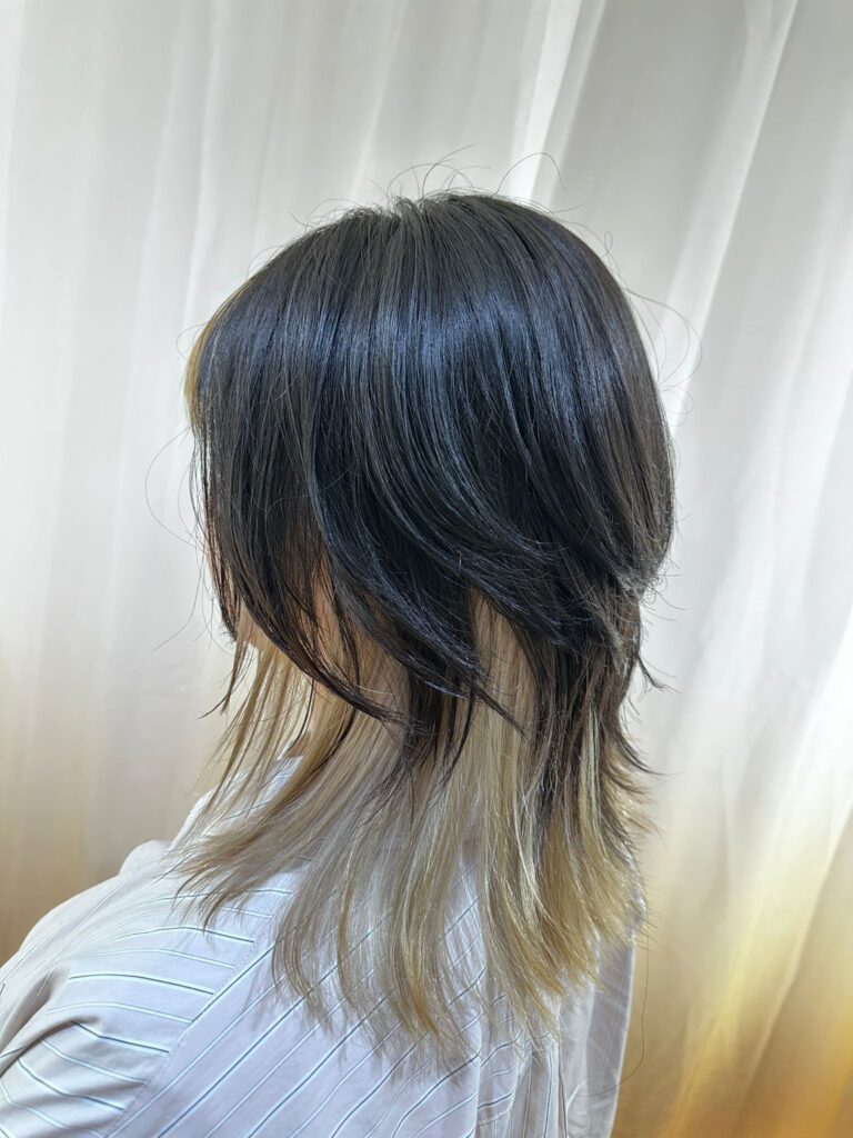 Inner bleach wolf cut with high-lift white yellow tone, low-damage care bleach using plex at a Japanese hair salon in Singapore, suitable for damaged hair recovery