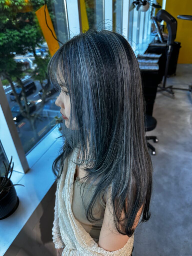Ash Brown with Light Blue Highlights | Japanese Hair Salon Singapore 1 Low layer long hair with dark ash brown base and subtle bleach highlights in light blue at Colors Japanese Hair Salon Singapore