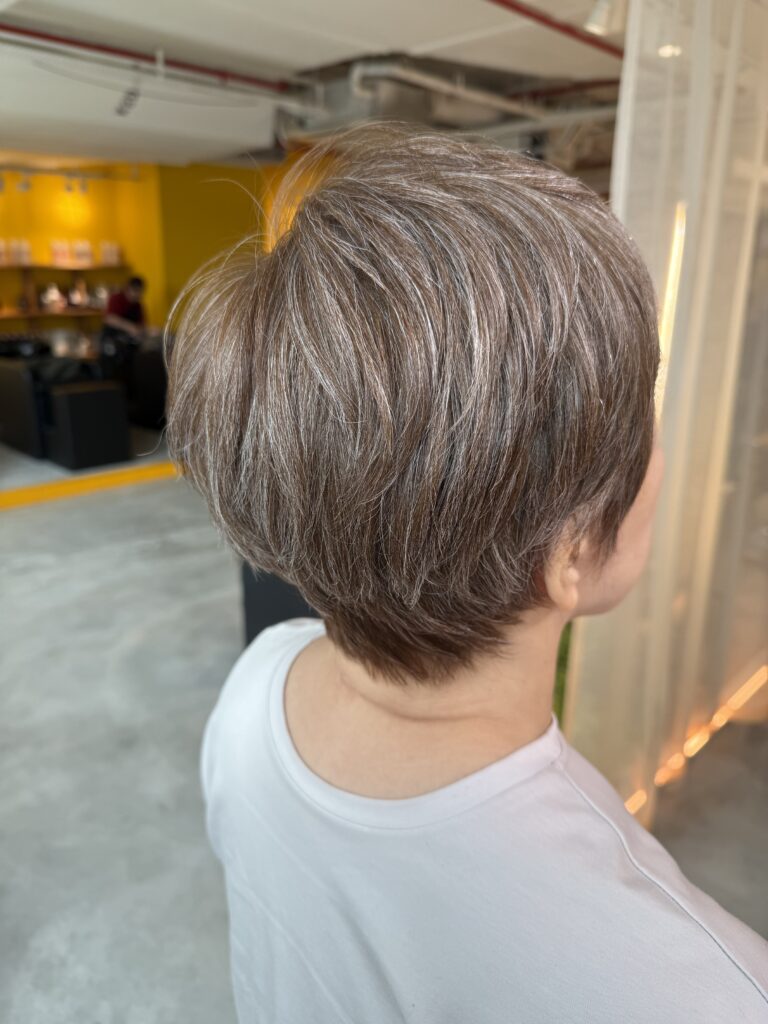 Grey blending beige brown bob at Colors Japanese Hair Salon Singapore near Clarke Quay, soft ash tone highlight for white hair blending, low-maintenance Japanese hair color Singapore