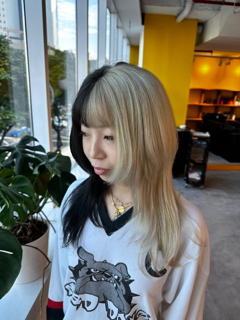 Half and half split color with Plex at Colors Japanese Hair Salon Singapore near Clarke Quay MRT, bold dual tone hair color with low-damage bleach