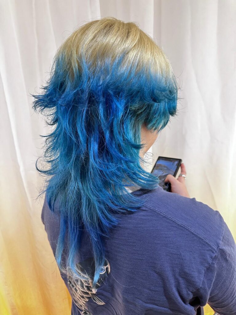 High layer wolf haircut with double bleach blue gradient color at Japanese Hair Salon Singapore near Clarke Quay and Chinatown