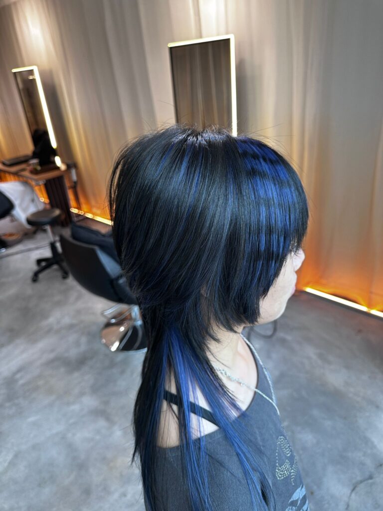 Blue accent layered haircut Singapore fringe nape blue highlight Japanese Hair Salon Singapore high layer cut plex color low damage Clarke Quay Chinatown