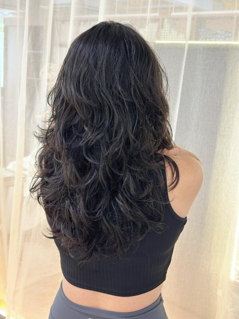 Long layered digital perm transformation from straight black hair to soft waves using low-damage Japanese digital perm at Japanese Hair Salon Singapore