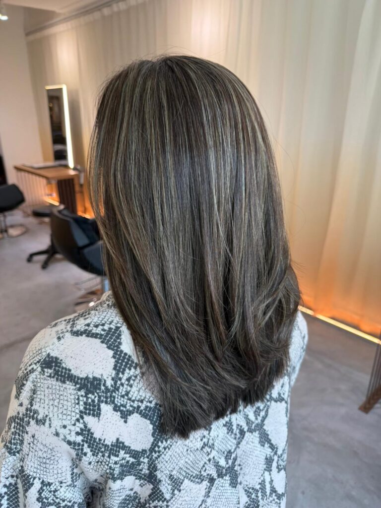 Grey Blending Highlights Ash Tone | Japanese Hair Salon Singapore 1 Grey Blending Highlights Singapore natural white hair blending layered cut Japanese Hair Salon Singapore Clarke Quay Chinatown