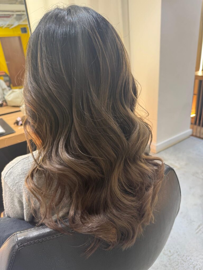 Air touch beige brown balayage with plex bleach for long layered hair at Japanese Hair Salon Singapore