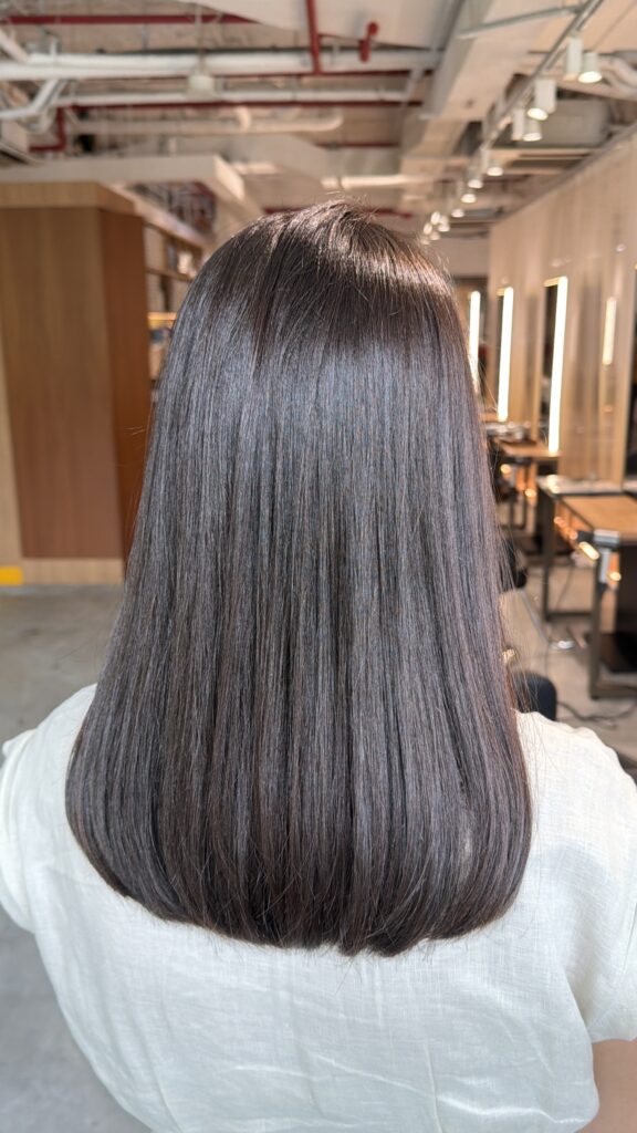 Dark ash hair color for white hair coverage with medium haircut at Colors Japanese Hair Salon Singapore near Clarke Quay creating cool tone grey coverage and smooth shine