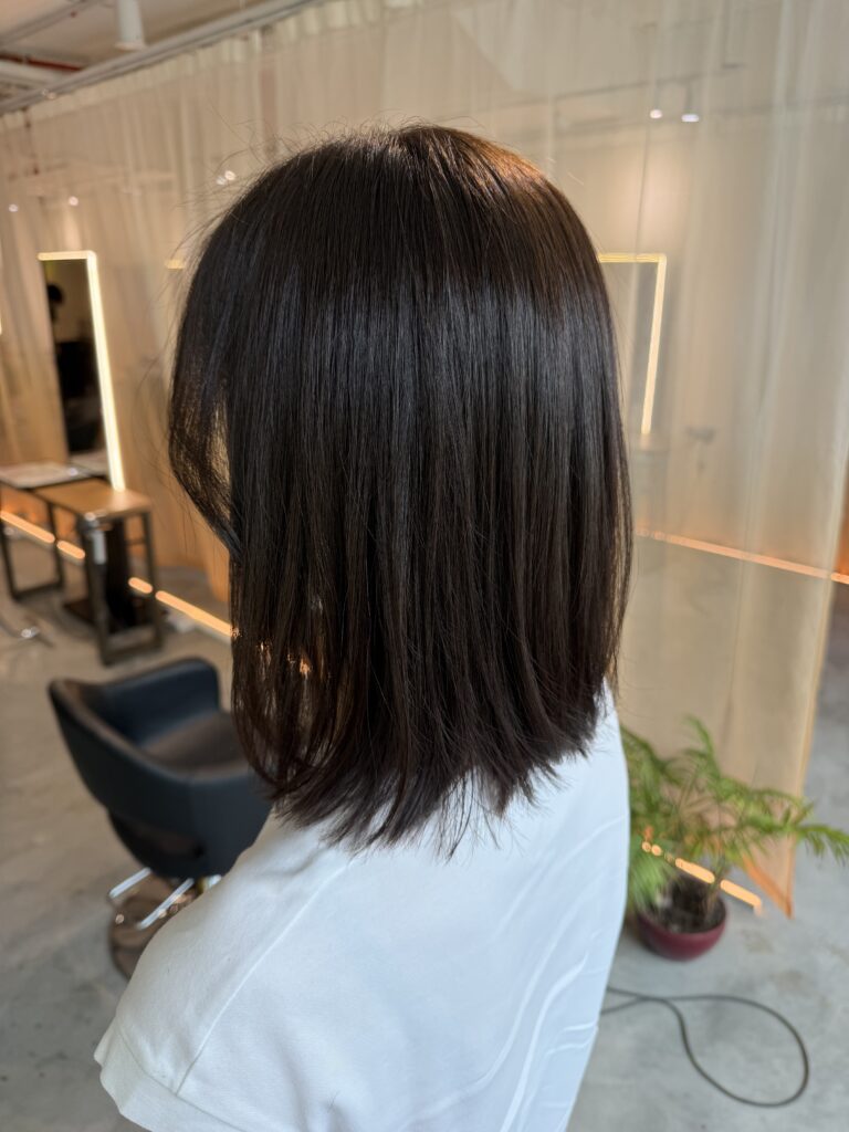 Medium hairstyle growing from bob with dark ash plex hair color covering grey hair at Japanese Hair Salon Singapore