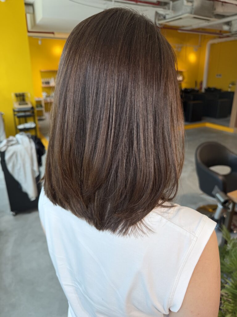 Grey coverage brown medium hair Singapore natural brown color full grey coverage Japanese hair salon Singapore Clarke Quay Chinatown low damage plex color medium haircut