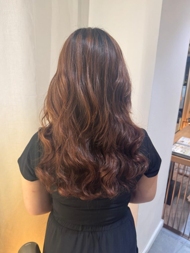 Long digital perm with soft waves using plex care for low damage at Japanese Hair Salon Singapore