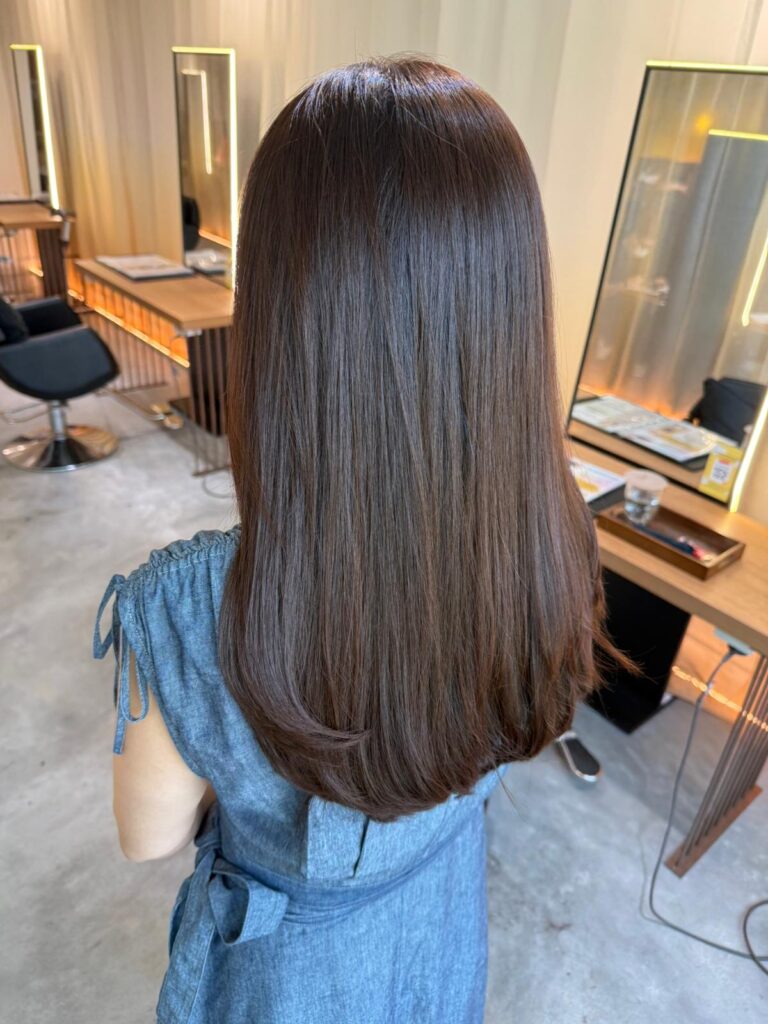 Natural brown grey coverage long hair Singapore Japanese hair color low layer haircut smooth finish anti frizz humid climate Clarke Quay Chinatown Colors Japanese Hair Salon Singapore