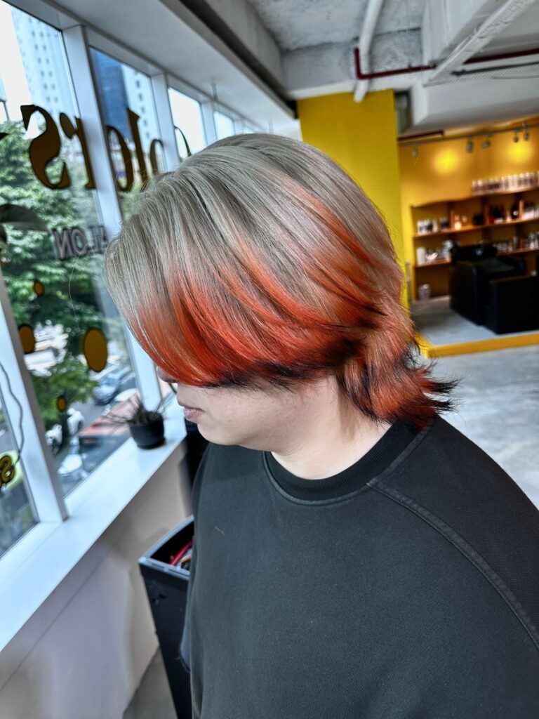 Silver orange bleach design hair color by Creative Manager Issey at Colors Japanese Hair Salon Singapore near Clarke Quay Chinatown Singapore