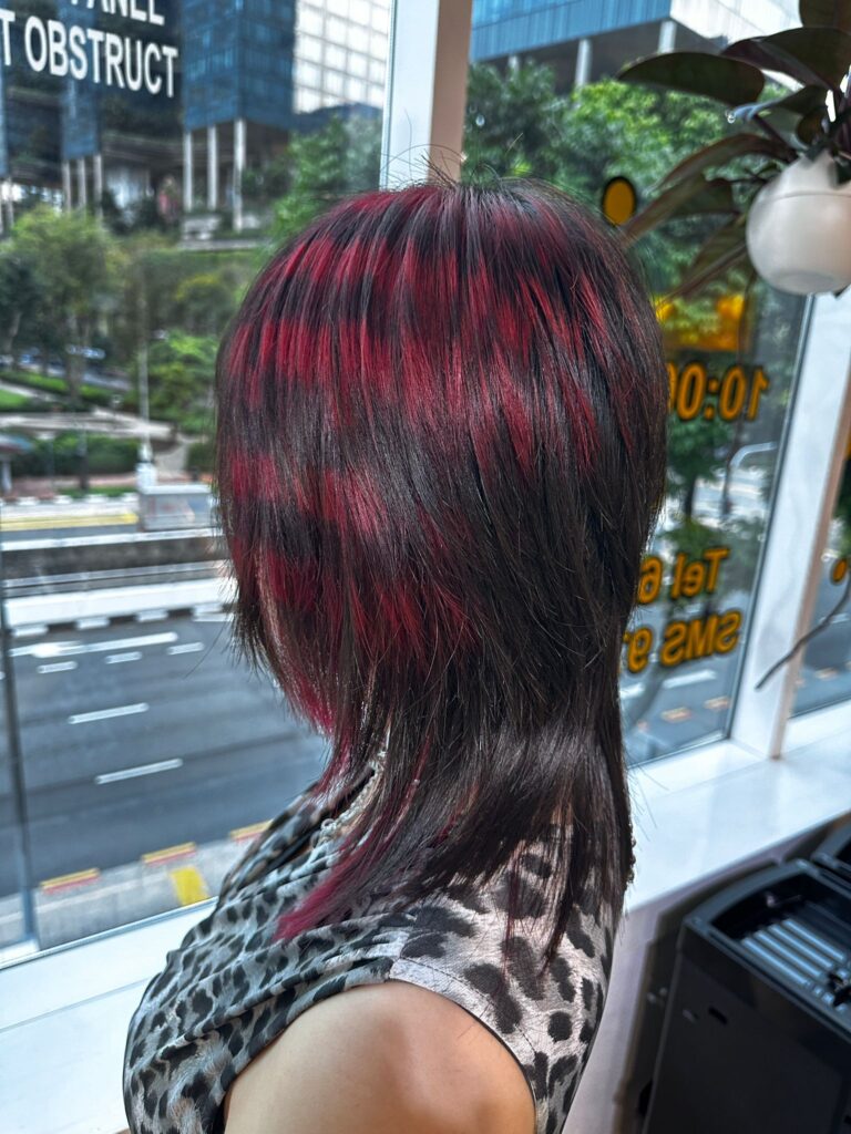 Red highlight stripe design hair color bleach highlights Japanese Hair Salon Singapore contrast color plex bleach Clarke Quay Chinatown edgy hair color