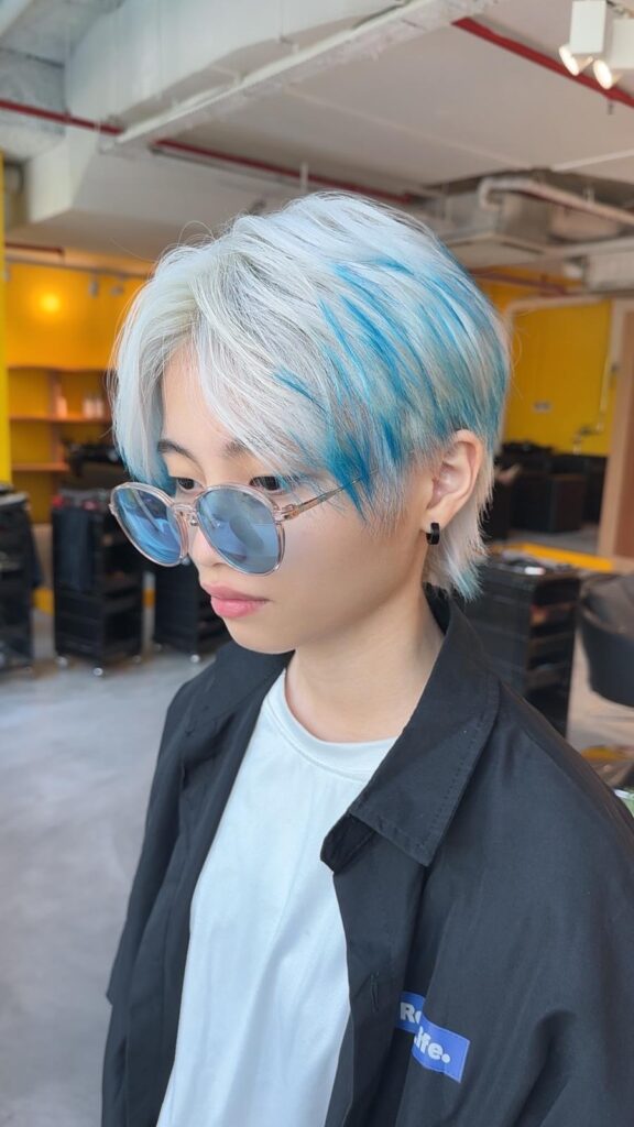 Double bleach white and pale blue short layered haircut with plex protection at Japanese Hair Salon Singapore