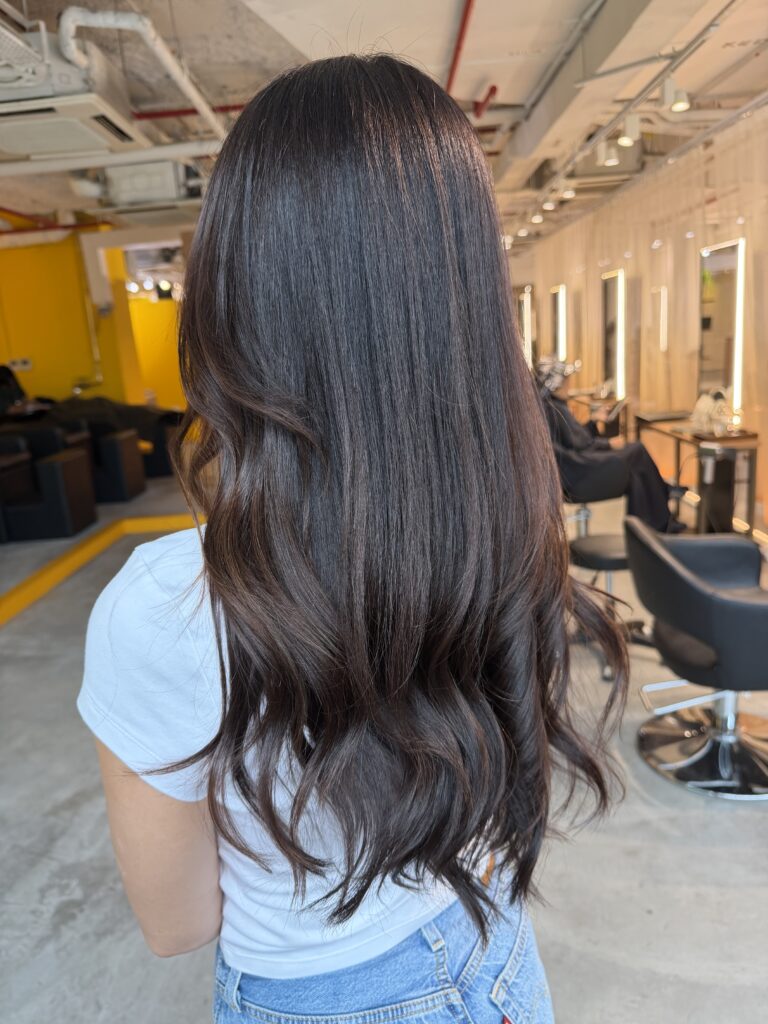 Dark chocolate brown long layered hair with grey coverage and glossy finish at Colors Japanese Hair Salon Singapore