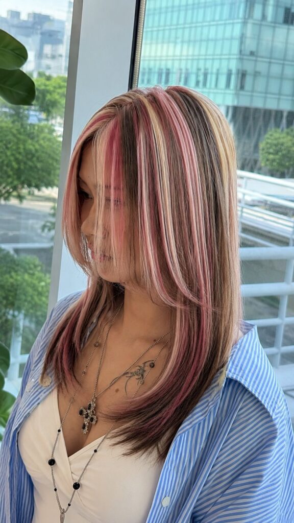 Face Framing Layers Bleach Design Color Singapore | Japanese Hair Salon Singapore 1 Creative pink face-framing hair color with custom bleach design by Stylist Carmen at Colors Japanese Hair Salon Singapore.
