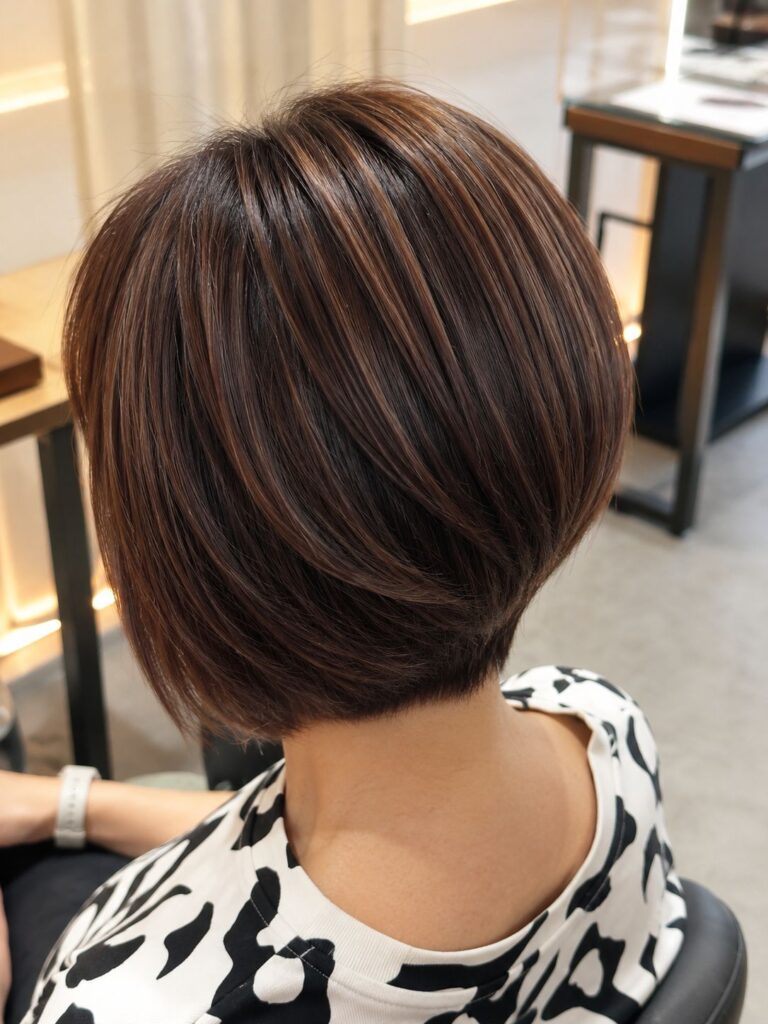 Short graduated bob with natural brown highlights by Stylist Carmen at Colors Japanese Hair Salon Singapore, creating soft dimension and a low-maintenance natural hair color.