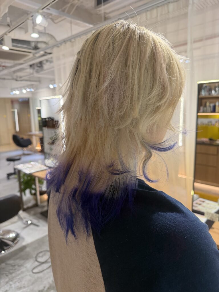 White Blonde Dip Color & High Layer Wolf | Japanese Hair Salon Singapore 1 White blonde dip color with blue purple ends and high layer wolf haircut at Japanese Hair Salon Singapore. Triple bleach with Plex protection creates vibrant, low-damage fashion hair color.