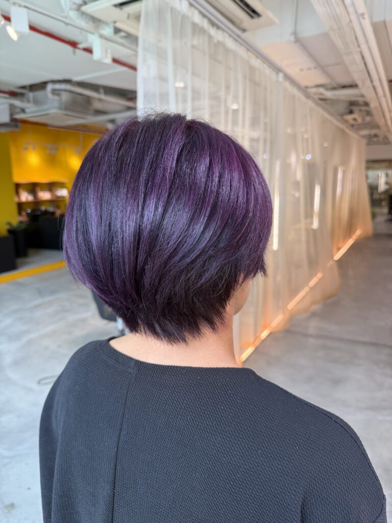 Deep purple short graduated haircut created with full bleach retouch and Plex technology at a Japanese Hair Salon Singapore for vibrant long-lasting fashion hair color.