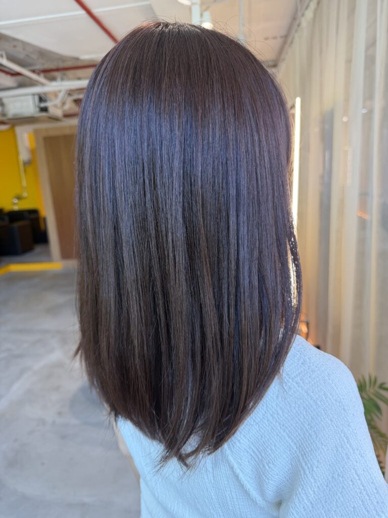 Plum Brown Grey Coverage Medium Hair Singapore | Japanese Hair Salon Singapore 1 Plum brown grey coverage hair with soft shine and natural one-tone color by Stylist Satsuki and Colorist Ura at Colors Japanese Hair Salon Singapore.