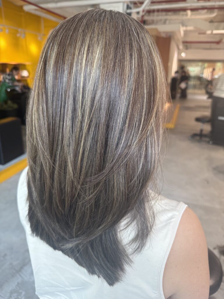 Beige Ash Grey Blending Highlights for Medium Hair in Singapore 1 Medium low-layer haircut with beige ash grey blending highlights, smooth straight texture and natural grey blending at a Japanese hair salon in Singapore.