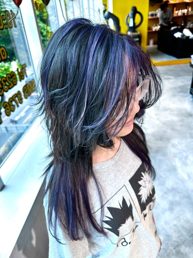Long high-layer wolf cut with dark purple and bright purple highlights, created with Plex-supported color and bleach for low-damage vivid hair color in Singapore
