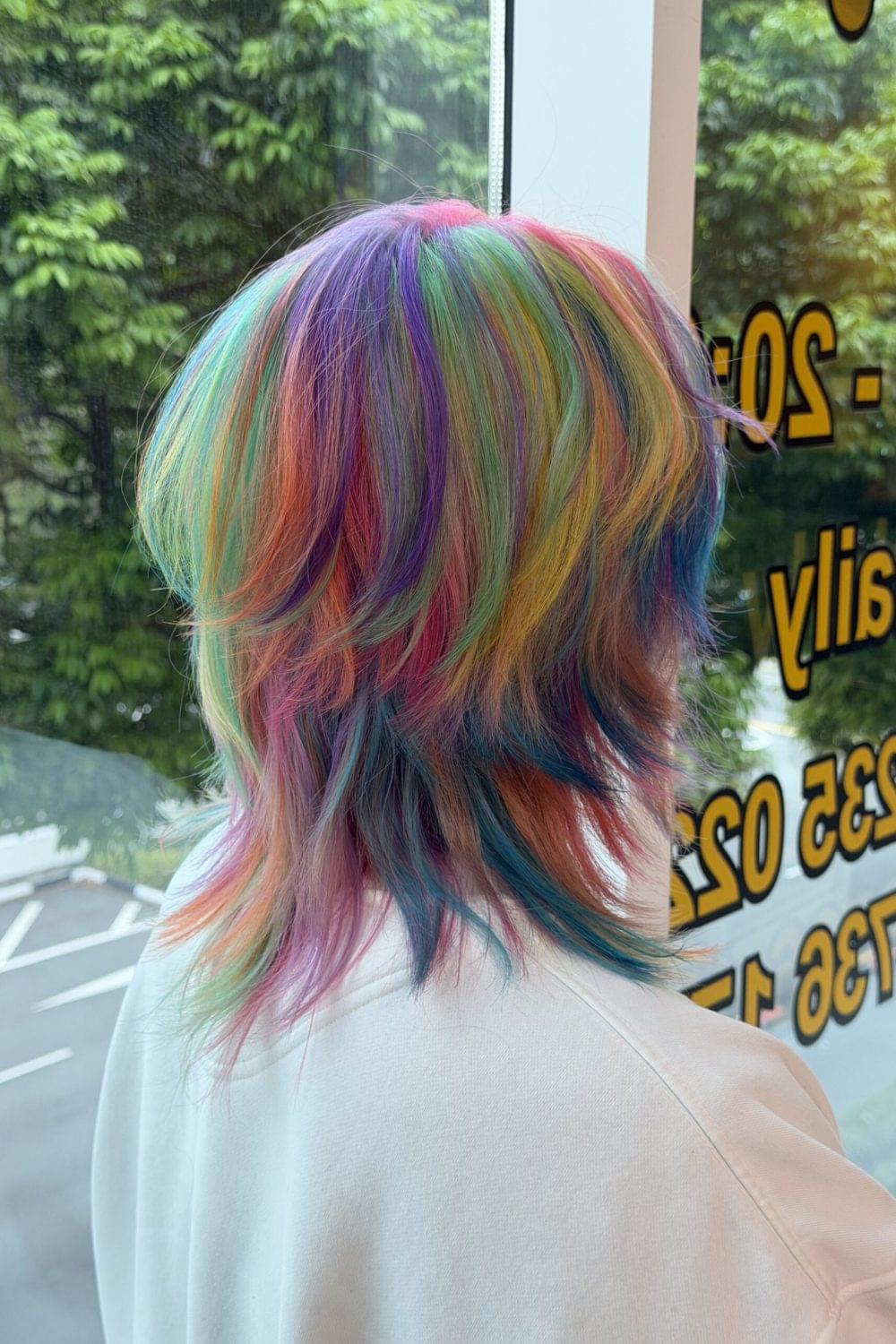 Rainbow bleach color with layered haircut at Colors Japanese Hair Salon Singapore using HOYU SOMARCA Labo gel color