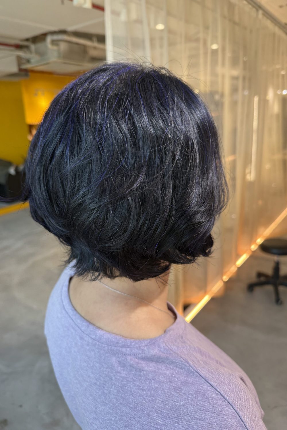 Short bob perm with soft volume, blue grey coverage color and scalp cleansing spa at a Japanese hair salon in Singapore.