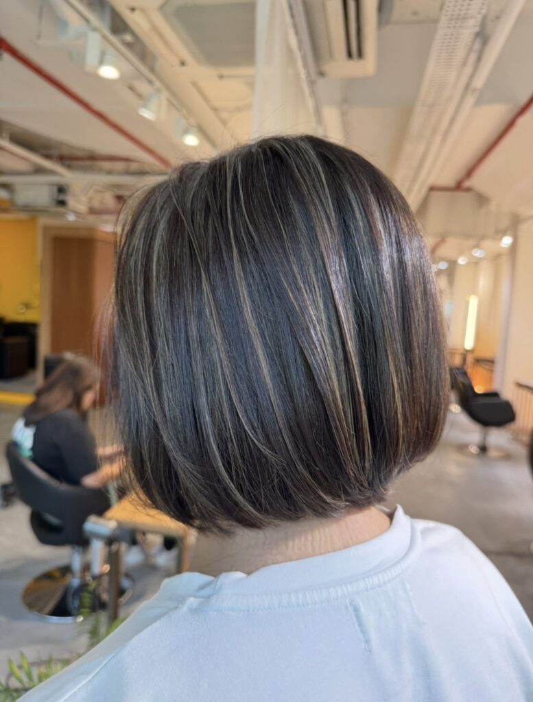 Grey Blending Highlights + Japanese Bob Cut in Singapore|Soft White Hair Blend Near Clarke Quay MRT 1 Grey blending highlights on a Japanese bob haircut at Colors Japanese Hair Salon Singapore near Clarke Quay MRT, blending white hair naturally with fine highlights for soft dimension, low-maintenance regrowth, and glossy shine
