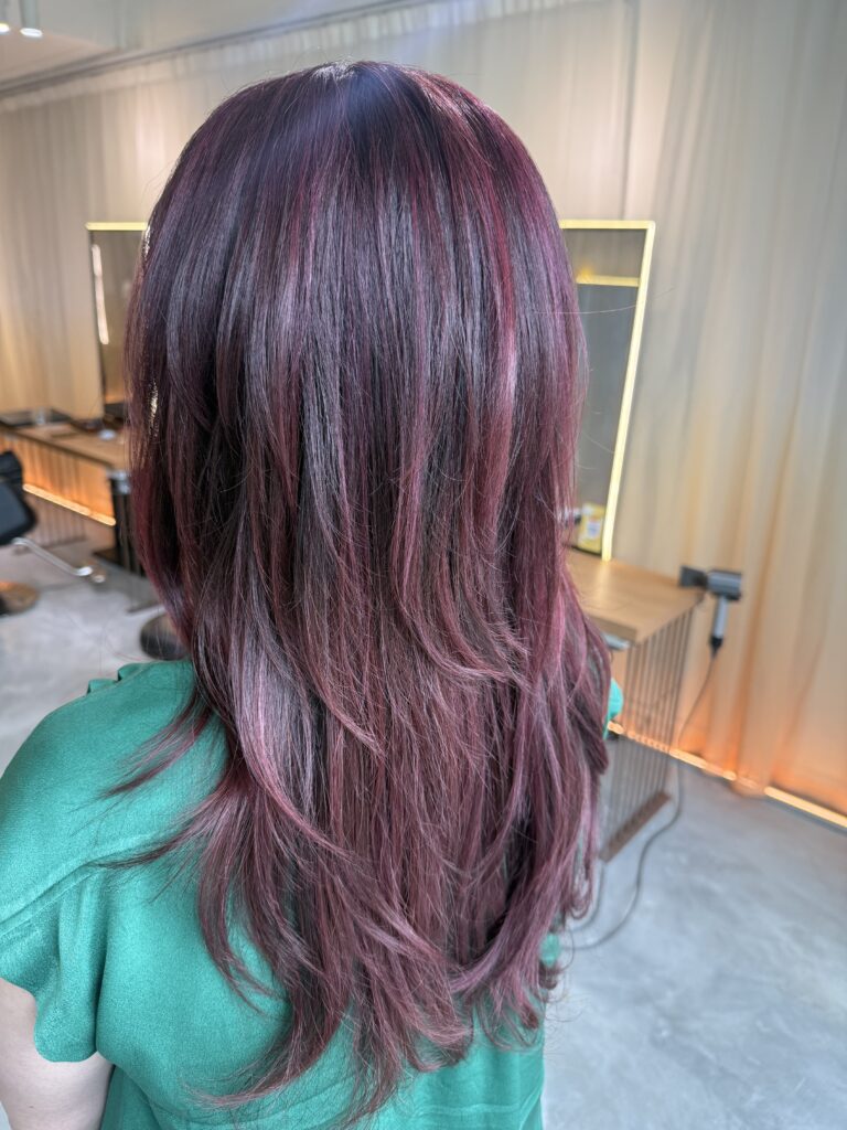 Pink Purple Chinese New Year Color on Grey Blending Highlights in Singapore 1 Pink purple Chinese New Year hair color on grey blending highlights at Colors Japanese Hair Salon Singapore near Clarke Quay