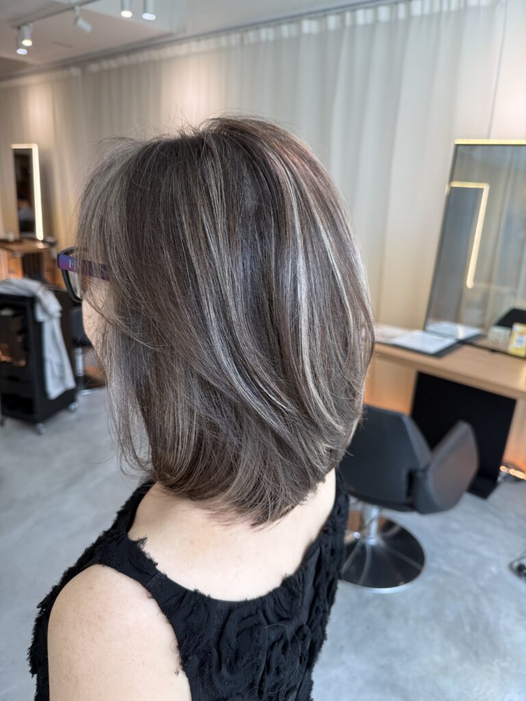 Grey blending highlights with Hoyu BYKARTE treatment at Colors Japanese Hair Salon Singapore near Clarke Quay MRT Chinatown Havelock Road, soft white hair blending highlights, natural grow-out color, shine repair treatment, styled by Satsuki color by Ura