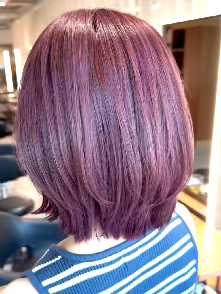 Pink purple hair color one bleach layered bob Singapore plex bleach color at Colors Japanese Hair Salon Singapore near Clarke Quay MRT Chinatown