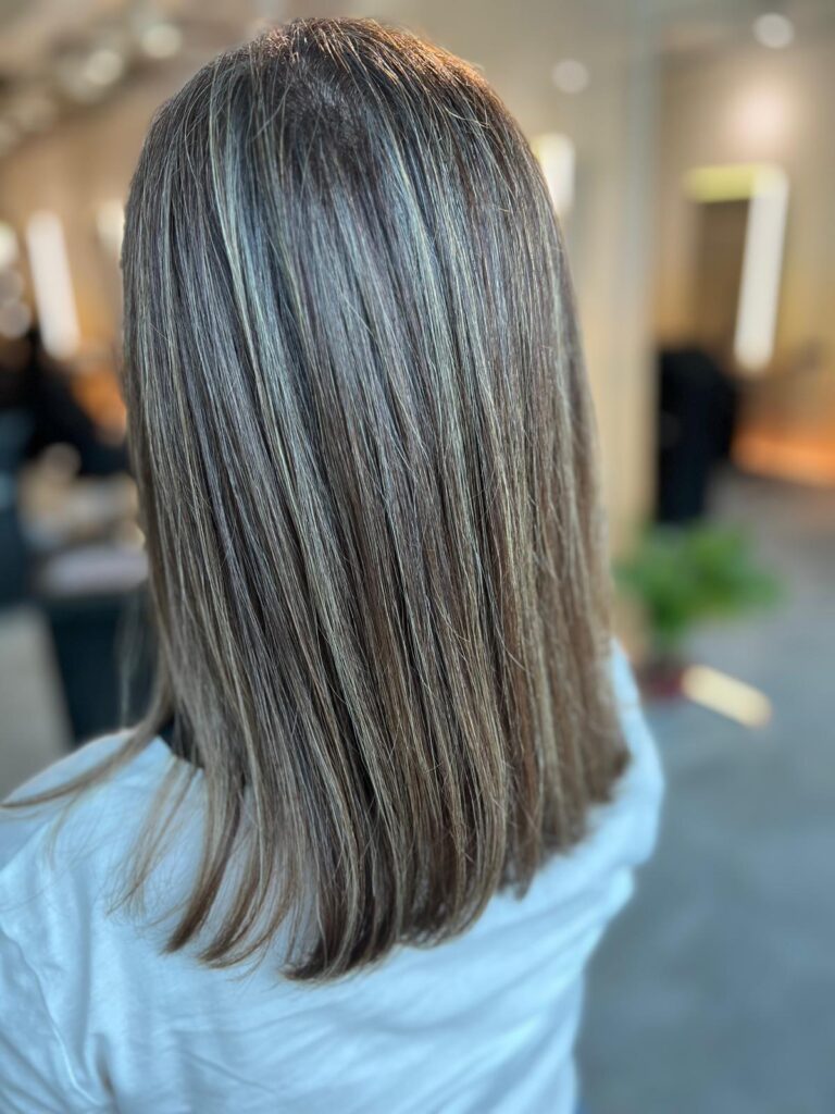 Grey blending highlight medium haircut Singapore by Colors Japanese Hair Salon Singapore near Clarke Quay MRT, low-contrast white hair blending technique