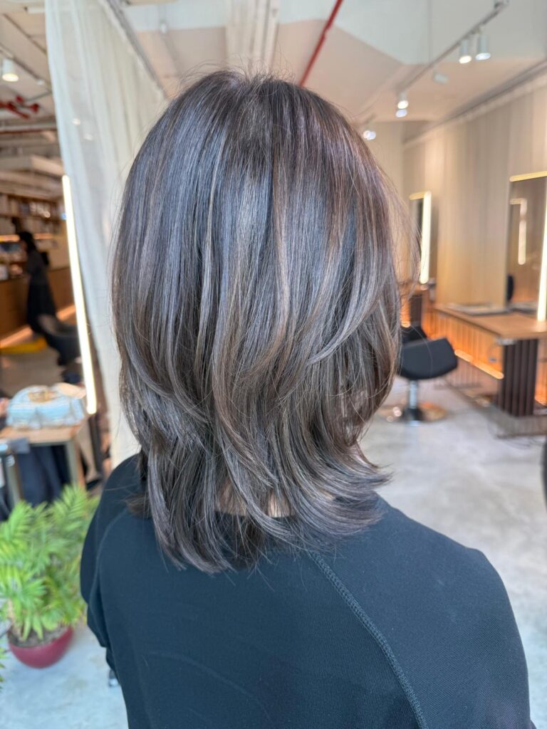 Medium layer haircut natural brown plex color Singapore at Colors Japanese Hair Salon Singapore near Clarke Quay MRT Chinatown soft layered hair