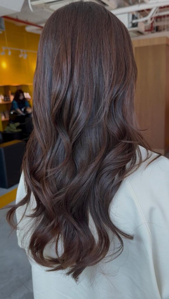 Cocoa brown hair color without bleach with soft layered haircut at Colors Japanese Hair Salon Singapore near Clarke Quay creating natural shine and smooth movement