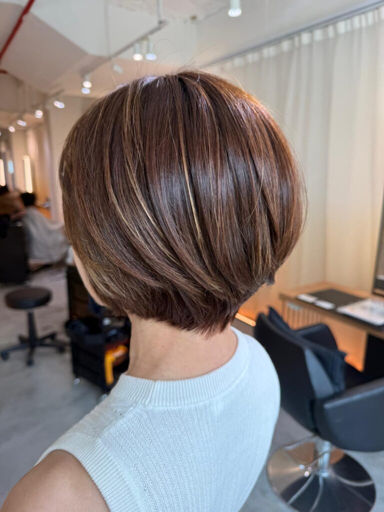 Grey blending short bob Singapore with Japanese haircut for humidity