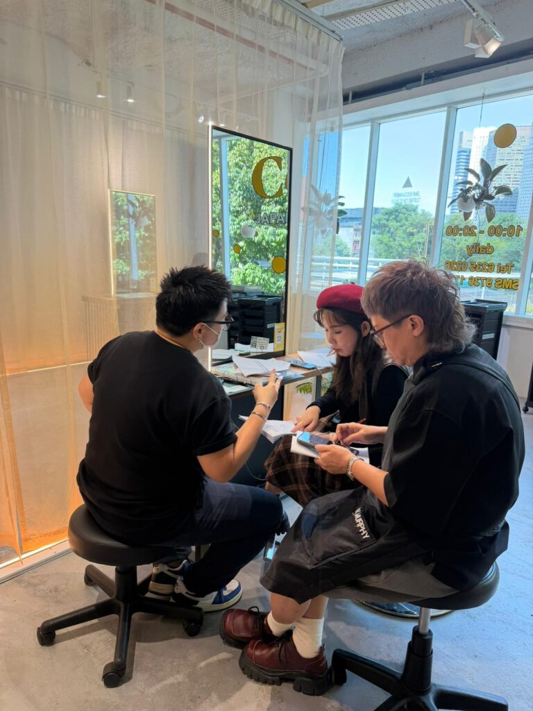 Consultation training meeting with stylists Carmen, Ellen, and Faye at Colors Japanese Hair Salon Singapore near Clarke Quay and Chinatown