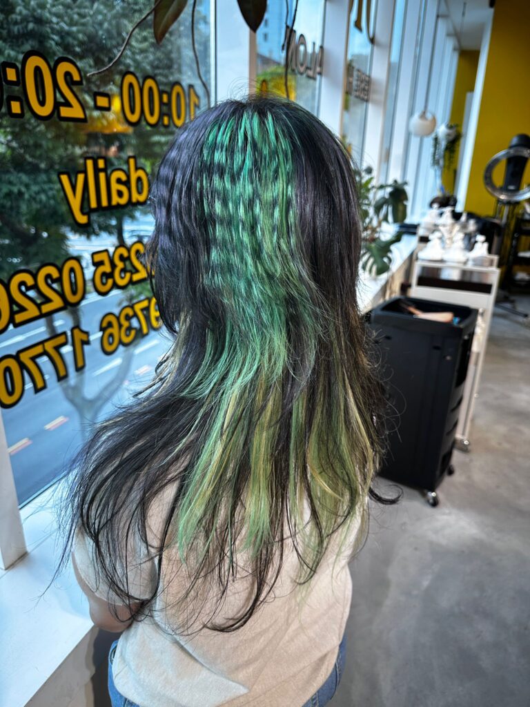 green stripe hair bleach design black removable color low damage plex Japanese hair salon Singapore Clarke Quay Chinatown Havelock Road