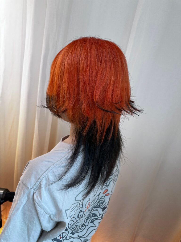 Orange and black design color jellyfish cut high layer long hair Singapore Japanese hair salon low damage bleach inner color