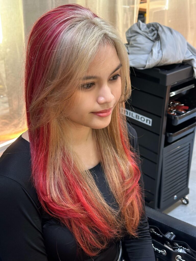 Long Blonde Bleach Design with Red Orange Color | Japanese Hair Salon Singapore 1 money piece bleach singapore face framing highlights low damage japanese hair salon