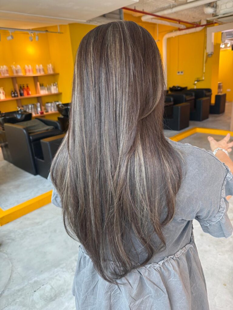 grey blending highlights long hair singapore low damage japanese hair salon