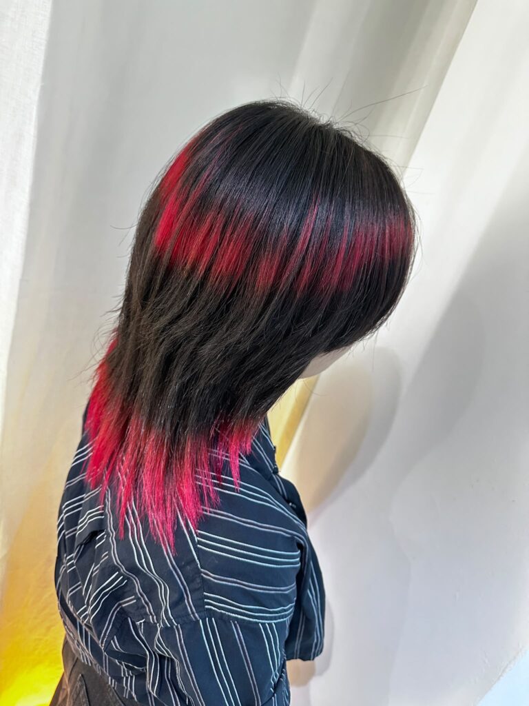 Medium Wolf Cut & Red Ring Color Bleach Design | Japanese Hair Salon Singapore 1 Medium Wolf Cut with Red Ring Color Bleach Design at Japanese Hair Salon Singapore. Low-damage Plex bleach, vivid red fashion color, layered wolf haircut.
