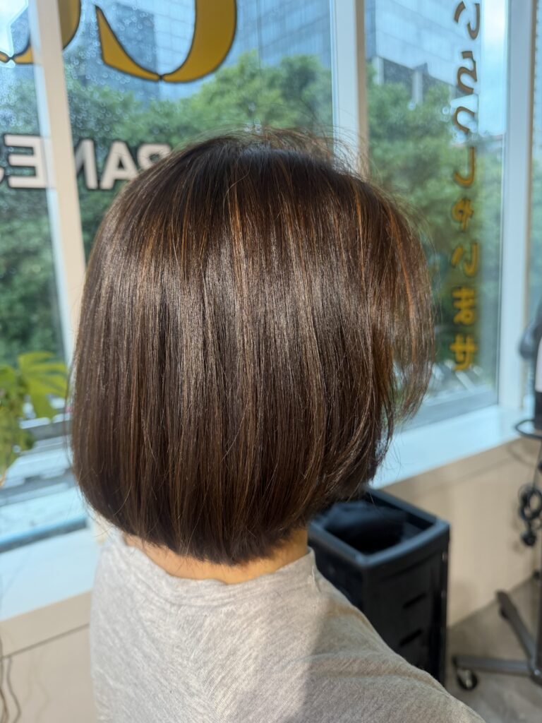 Chestnut brown highlights without bleach on a graduated one-length bob at Japanese Hair Salon Singapore. Low-damage Plex color with soft dimension and natural shine.