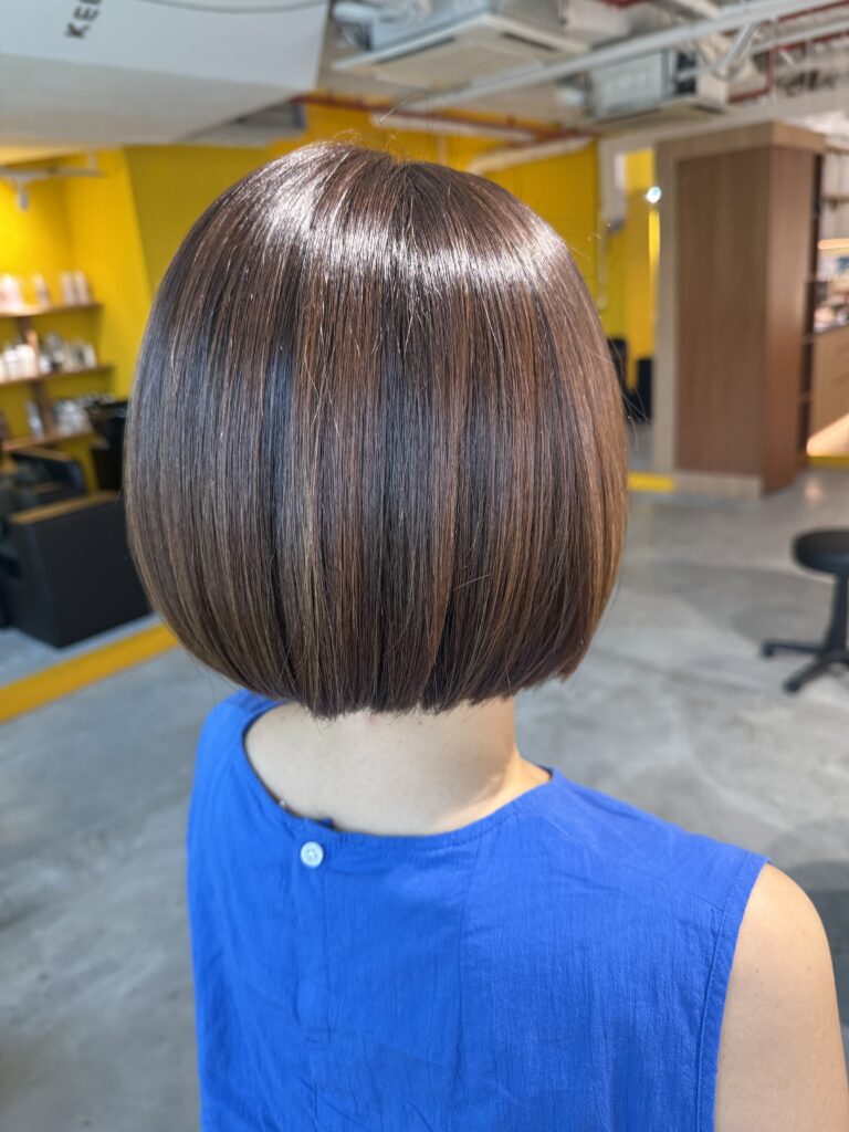 Singapore Grey Hair Coverage | Beige Brown Bob 1 Singapore Grey Hair Coverage with natural beige brown color and a humidity-friendly bob haircut by Stylist Satsuki and Colorist Ura.
