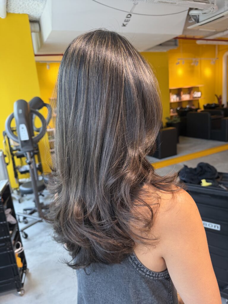 Grey Blending long layer hairstyle with fine bleach highlights by Stylist Satsuki and Colorist Ura at Colors Japanese Hair Salon Singapore.