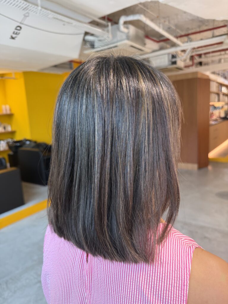 Grey blending highlights on a classic bob haircut in Singapore using natural grey hair, fine bleach highlights, and Plex technology for a low-maintenance grey coverage at a Japanese hair salon.