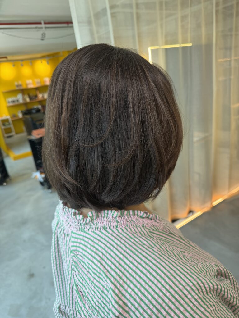 Singapore Layered Bob with soft beige brown no-bleach hair color, Plex Color, and scalp cleansing spa for a light, natural finish.
