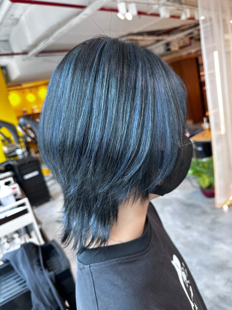 シンガポール|ブルーシルバーのブリーチハイライト×ミディアムレイヤーウルフカット 1 Singapore Blue Silver Highlights with a dark base and medium layered wolf cut, using Plex Bleach for a cool dimensional finish by Stylist Issey.